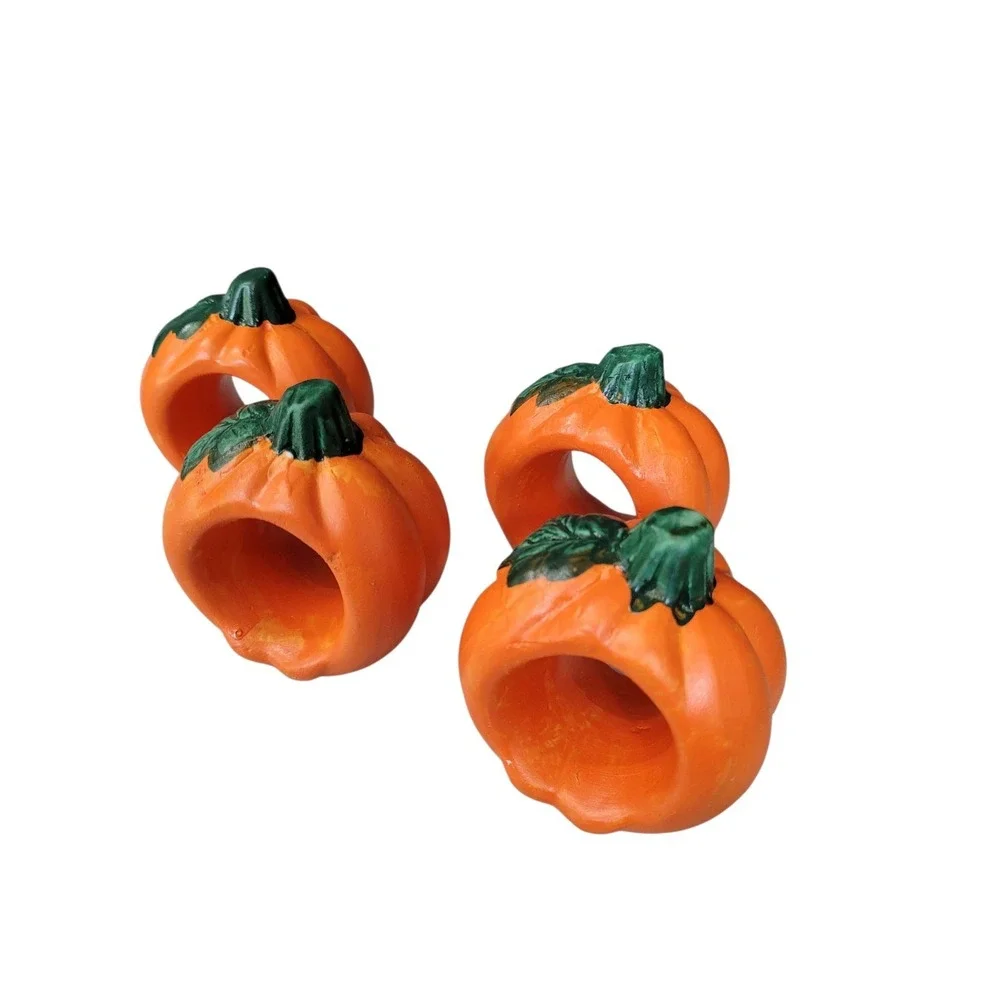 Vintage Ceramic Pumpkin Napkin Rings Set Of 4 Halloween Fall Thanksgiving 3